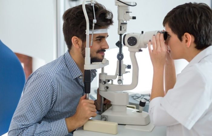 Ophthalmology concept. Patient eye vision examination in eyesight ophthalmological clinic